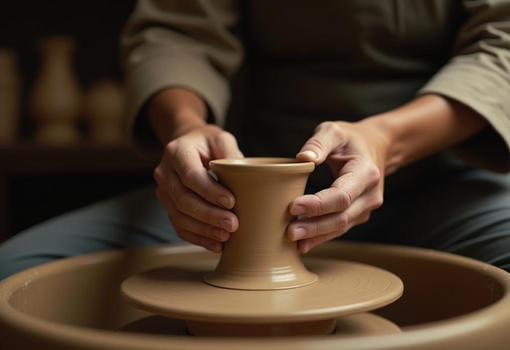 An artisan's hands carefully shaping a piece of pottery on a wheel.