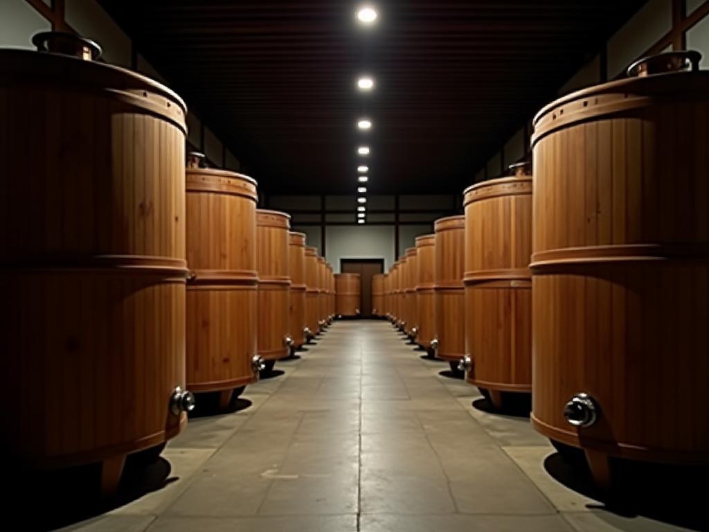Large cedar tanks inside a traditional sake brewery.